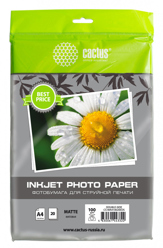 Фотобумага CACTUS Матовая двухстороняя А4 100 г/м2 20 листов CS-MA410020EDS