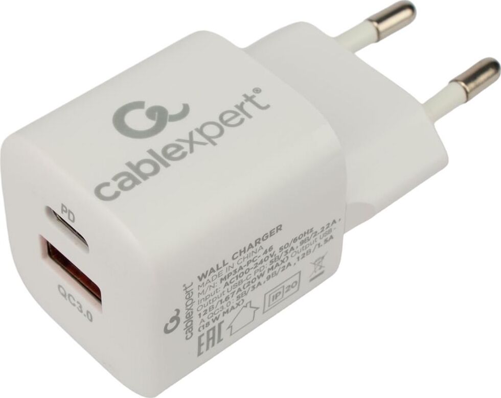 CABLEXPERT (21079) MP3A-PC-46, QC3.0/PD, 2 порта: USB и Type-C, белый, пакет