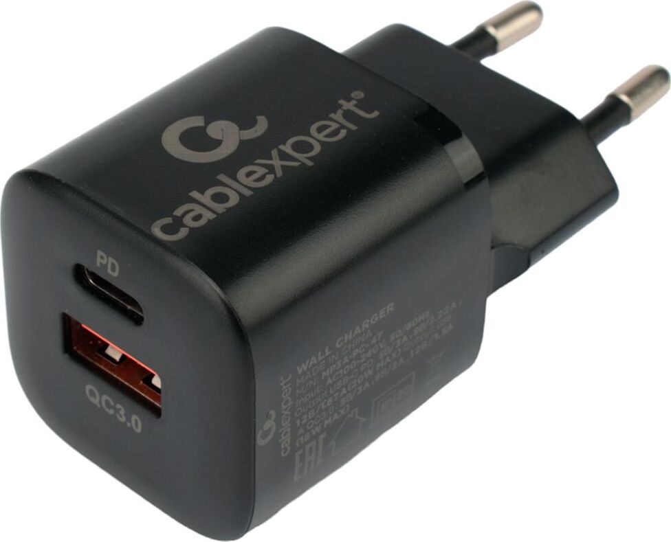CABLEXPERT (21080) MP3A-PC-47, QC3.0/PD, 2 порта: USB и Type-C, черный, пакет
