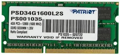 Patriot Memory for Ultrabook 4GB DDR3 SO-DIMM PC3-12800 (PSD34G1600L2S)