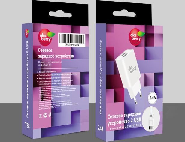 AKSBERRY СЗУ T38 2 USB 2.4A + Type- C , белый