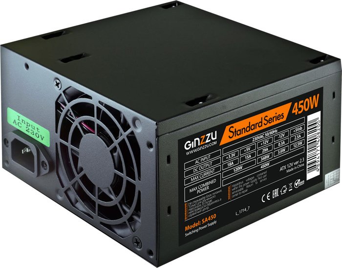 GINZZU SA450 ATX, 8cm fan, 20+4pin +4Pin, 2*SATA, 2*IDE Черный
