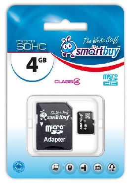 Карта памяти Smart Buy microSDHC (Class 4) 4 Гб + SD адаптер (SB4GBSDCL4-01)