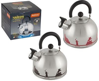 MALLONY Чайник из нерж. стали ГОРОДА РОССИИ со свистком 2,5 л, с рисунком, меняющим цвет (006641)