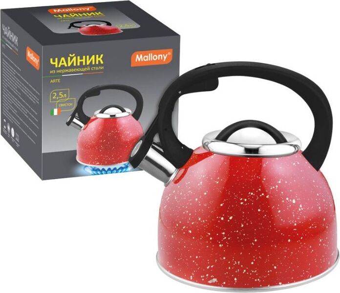 MALLONY Чайник из нерж стали со свистком "Arte" (красный с белыми точками) 2,5 л (005174)