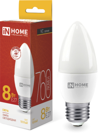 Светодиодная лампочка In Home LED-Свеча-VC 8Вт 230В Е27 3000К 760Лм 4690612020440