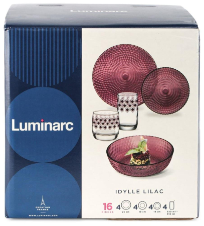 Набор тарелок LUMINARC ИДИЛЛИЯ ЛИЛАК 16пр со стаканами РОМБ ЛИЛАК 310мл S1302