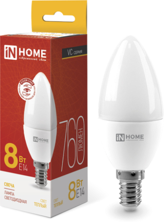 Светодиодная лампочка In Home LED-Свеча-VC 8Вт 230В Е14 3000К 760Лм 4690612020426