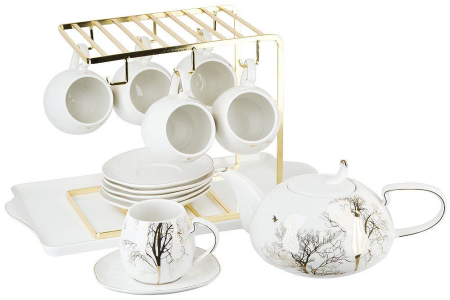 NOUVELLE HOME Чайный набор на металлической подставке с подносом 15пр. "5th Avenue. Golden Forest" (