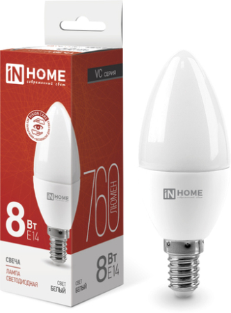 Светодиодная лампочка In Home LED-Свеча-VC 8Вт 230В Е14 4000К 760Лм 4690612020433