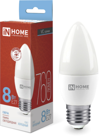 Светодиодная лампочка In Home LED-Свеча-VC 8Вт 230В Е27 6500К 760Лм 4690612024820